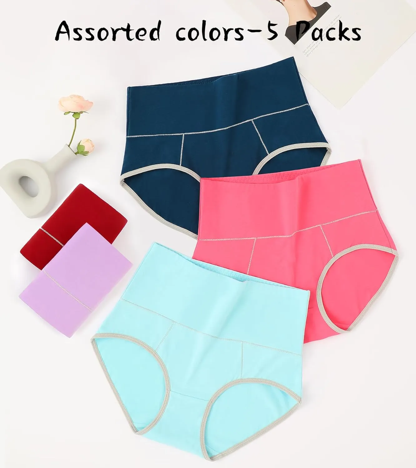 ASIMOON High Waisted Cotton Underwear for Women Plus Size Slight Tummy Control Full Coverage Panties Briefs Ladies Pack