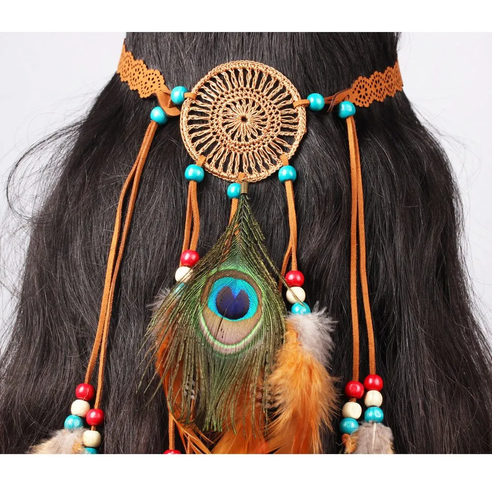 AWAYTR Boho Dreamcatcher Headdress Peacock Feather Headwear Headpiece Festival Hair Band (Brown)