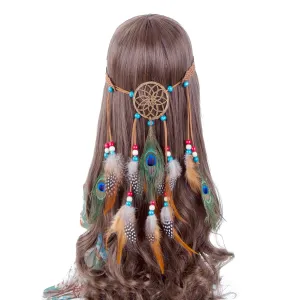 AWAYTR Boho Dreamcatcher Headdress Peacock Feather Headwear Headpiece Festival Hair Band (Brown)