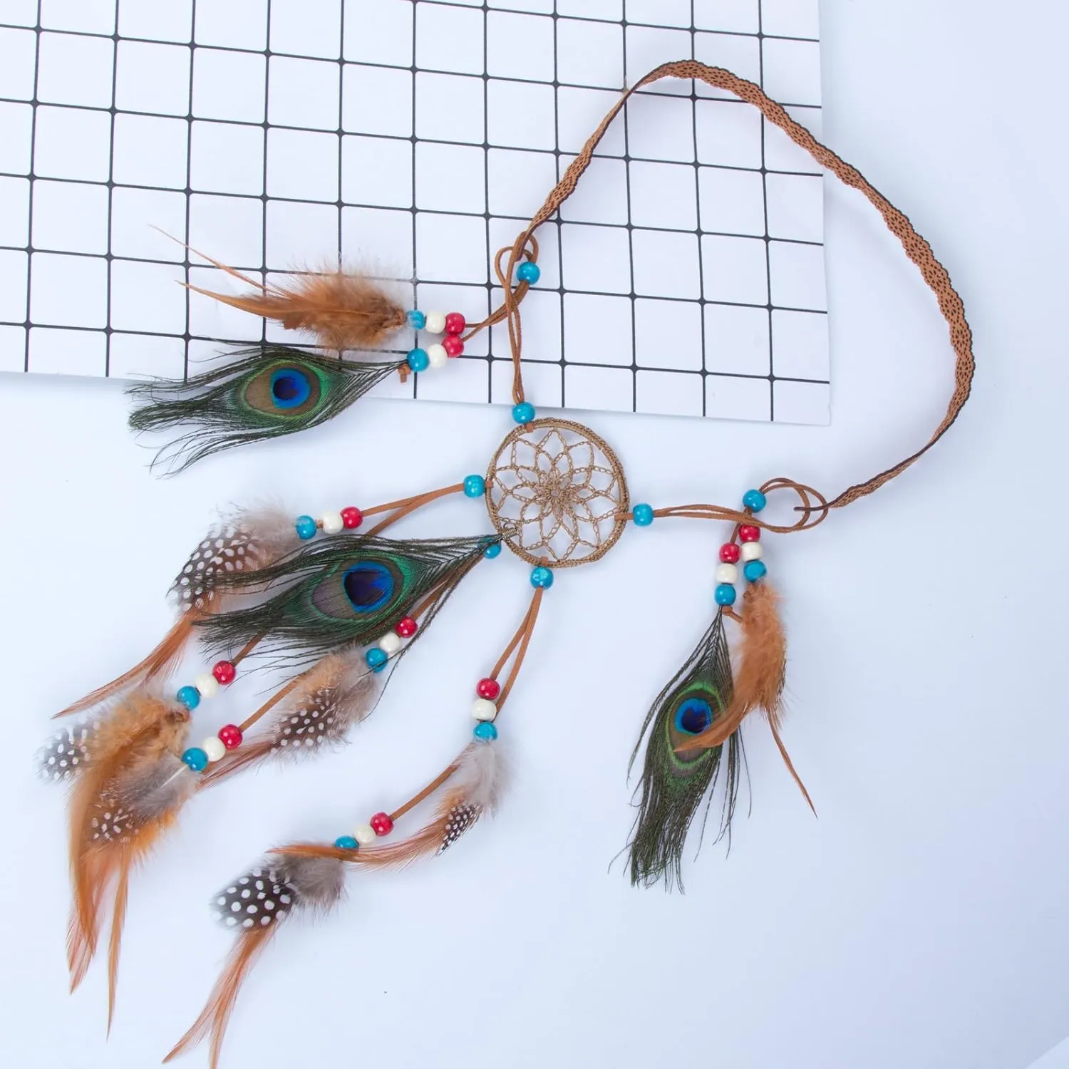AWAYTR Boho Dreamcatcher Headdress Peacock Feather Headwear Headpiece Festival Hair Band (Brown)