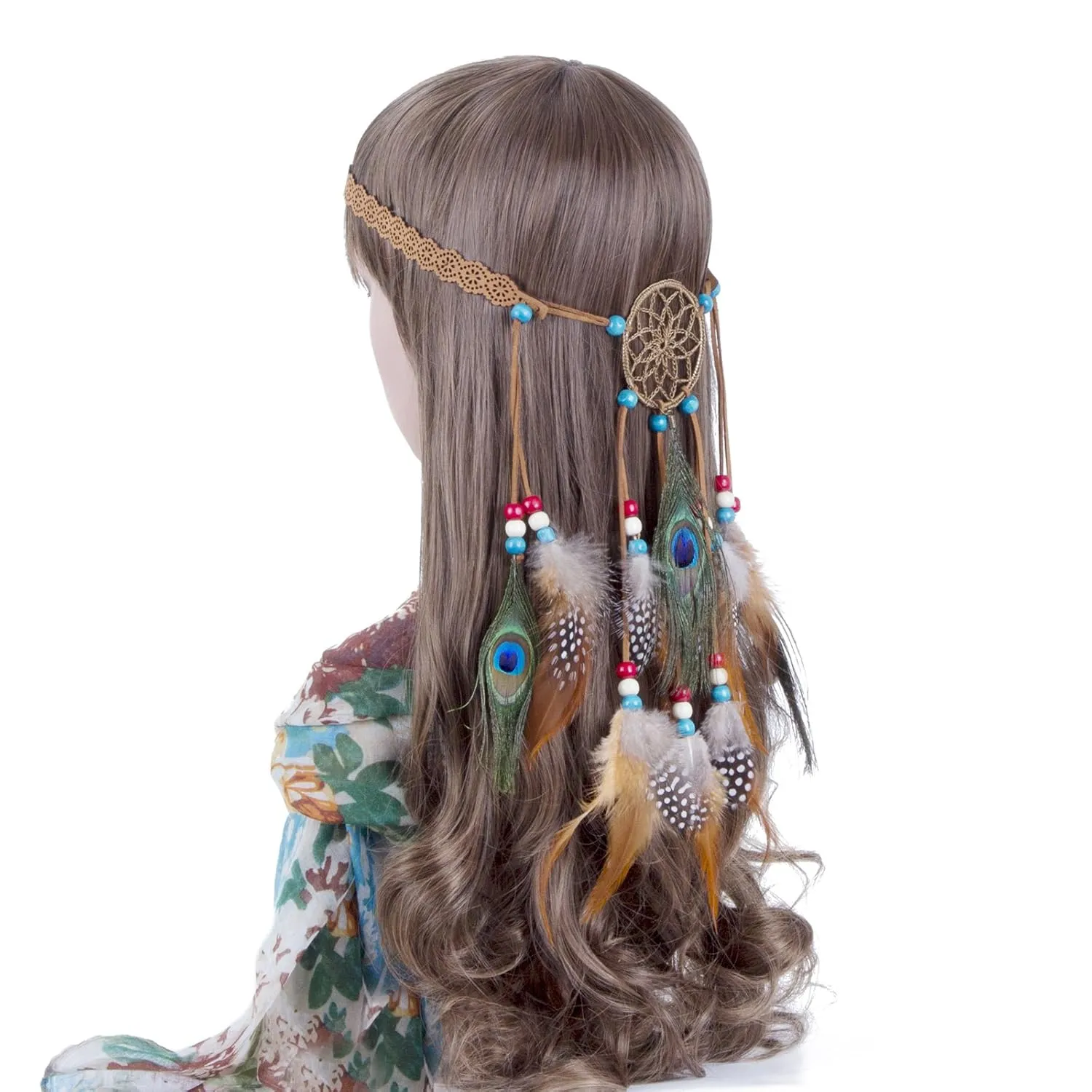 AWAYTR Boho Dreamcatcher Headdress Peacock Feather Headwear Headpiece Festival Hair Band (Brown)