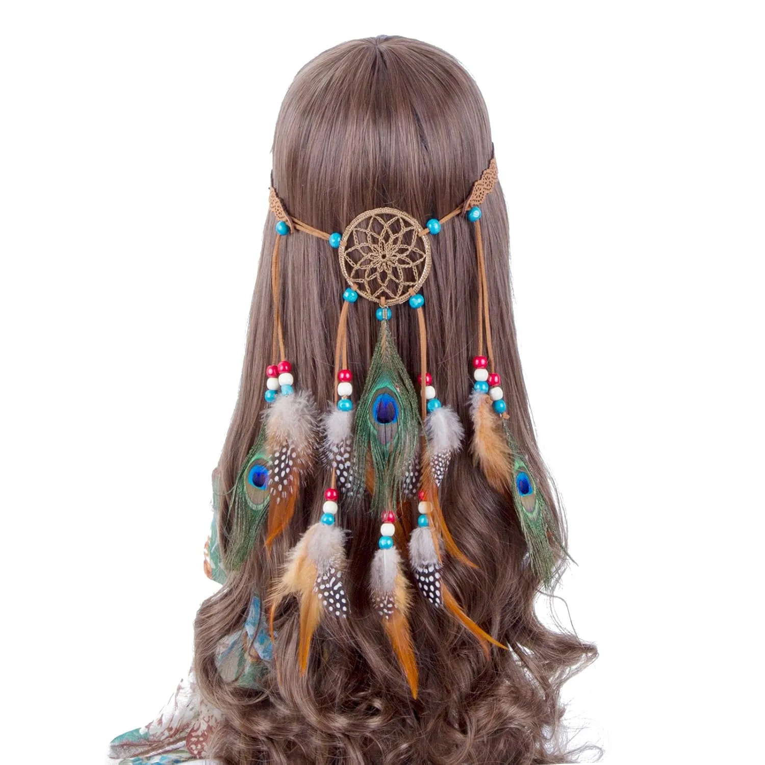 AWAYTR Boho Dreamcatcher Headdress Peacock Feather Headwear Headpiece Festival Hair Band (Brown)