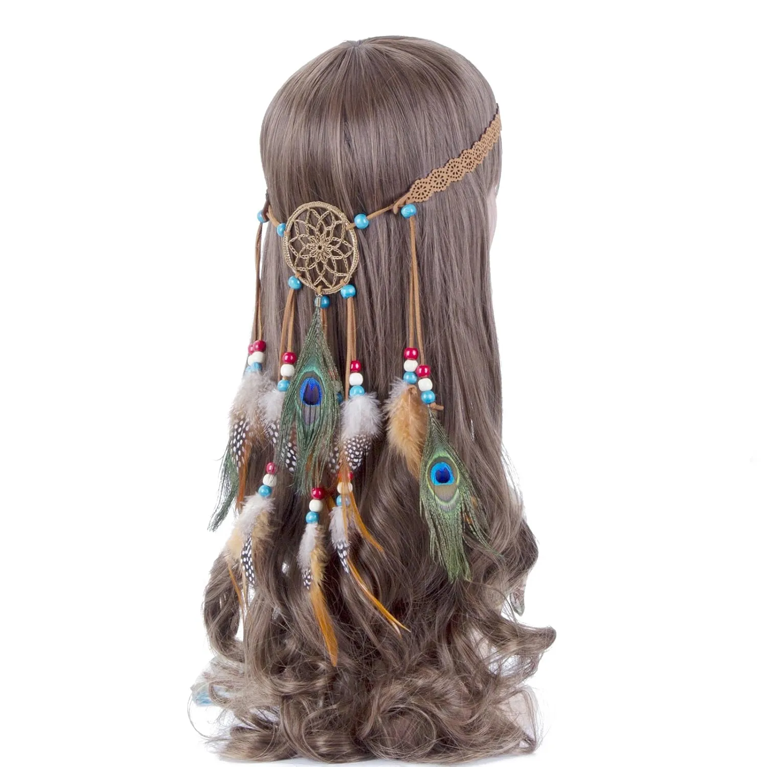 AWAYTR Boho Dreamcatcher Headdress Peacock Feather Headwear Headpiece Festival Hair Band (Brown)