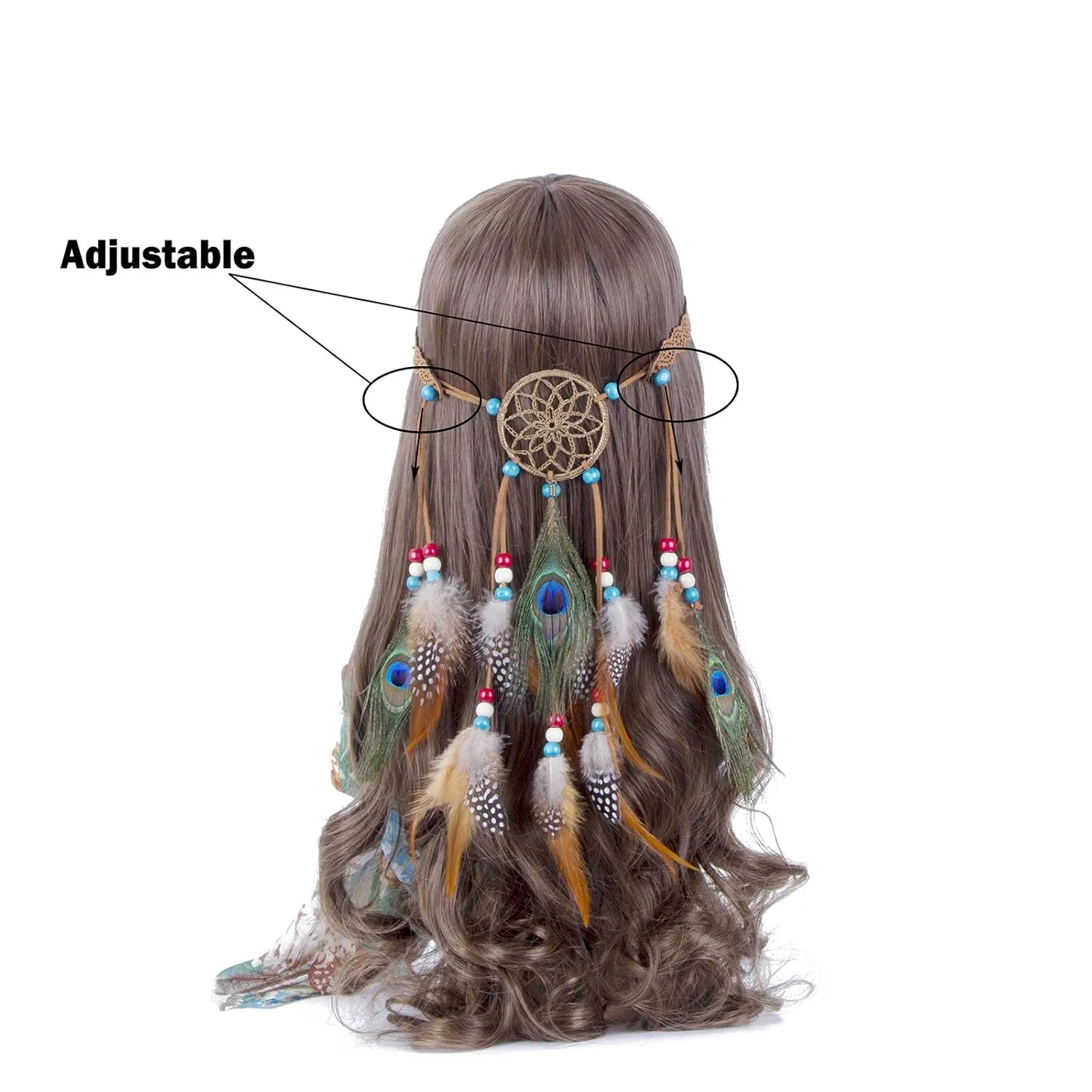 AWAYTR Boho Dreamcatcher Headdress Peacock Feather Headwear Headpiece Festival Hair Band (Brown)