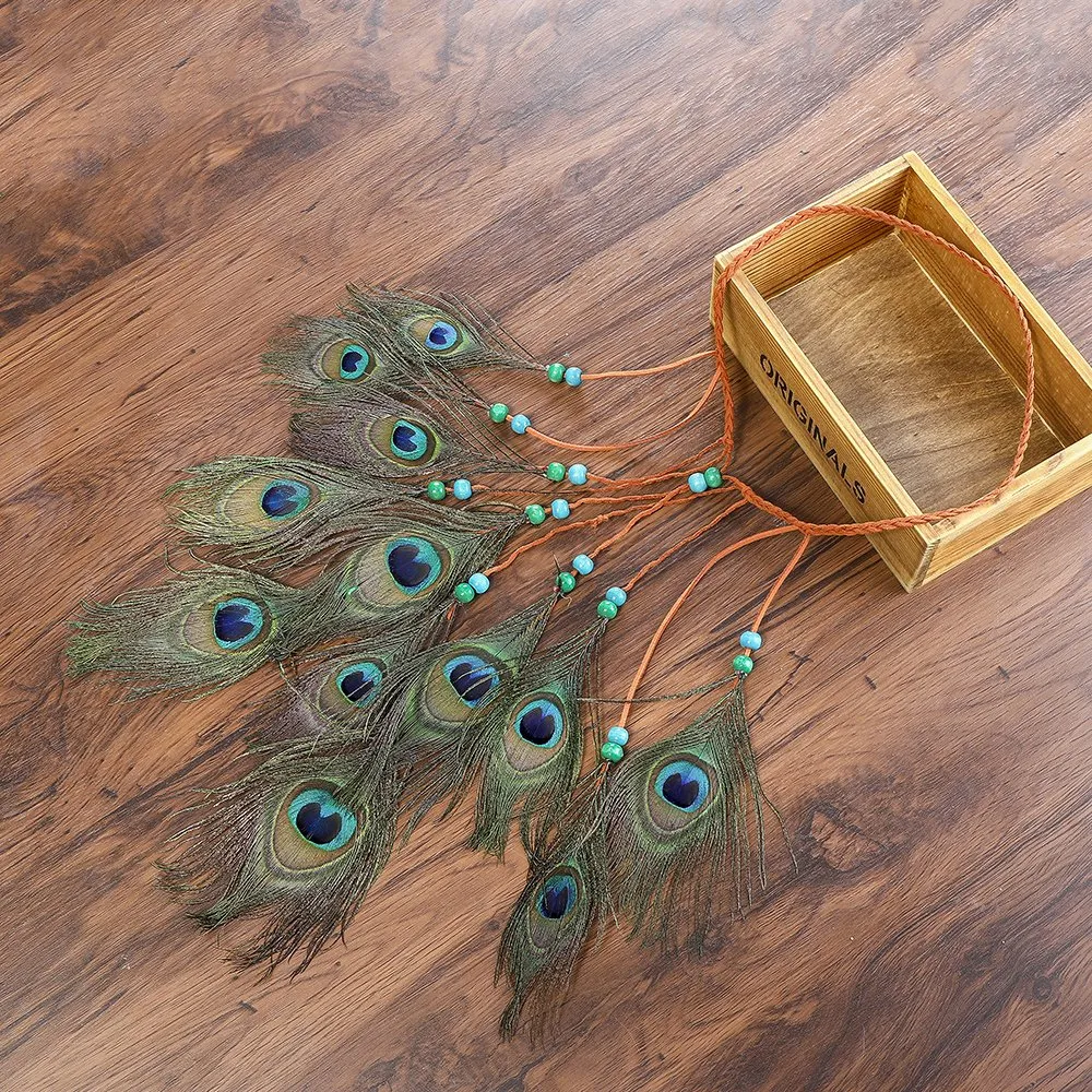 AWAYTR Peacock Feather Hippie Headband Accessories Bohemia Tribal Indian Hippie Headpiece Braided Beads Headwear Festival Hair Decoration (All peacock)