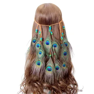 AWAYTR Peacock Feather Hippie Headband Accessories Bohemia Tribal Indian Hippie Headpiece Braided Beads Headwear Festival Hair Decoration (All peacock)