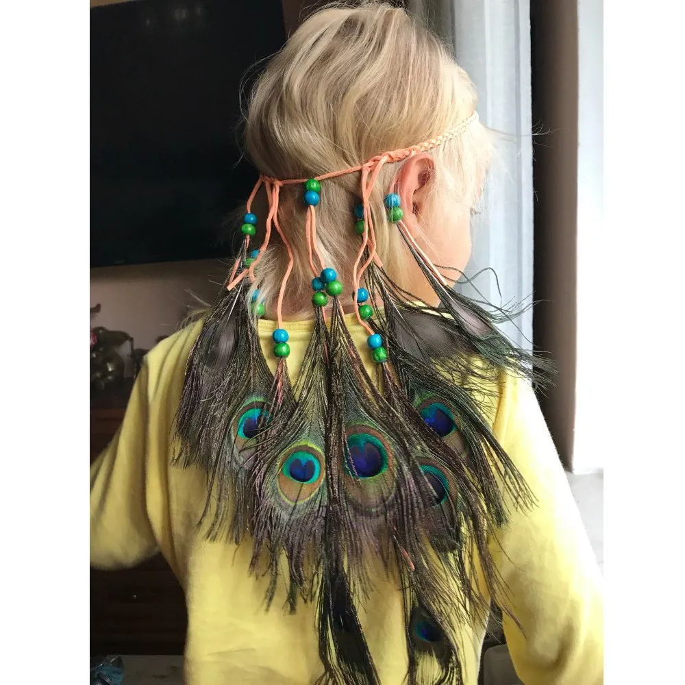 AWAYTR Peacock Feather Hippie Headband Accessories Bohemia Tribal Indian Hippie Headpiece Braided Beads Headwear Festival Hair Decoration (All peacock)
