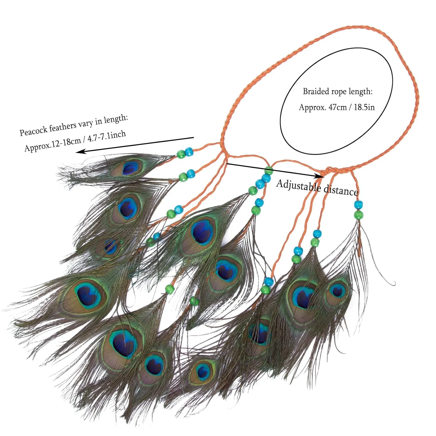 AWAYTR Peacock Feather Hippie Headband Accessories Bohemia Tribal Indian Hippie Headpiece Braided Beads Headwear Festival Hair Decoration (All peacock)