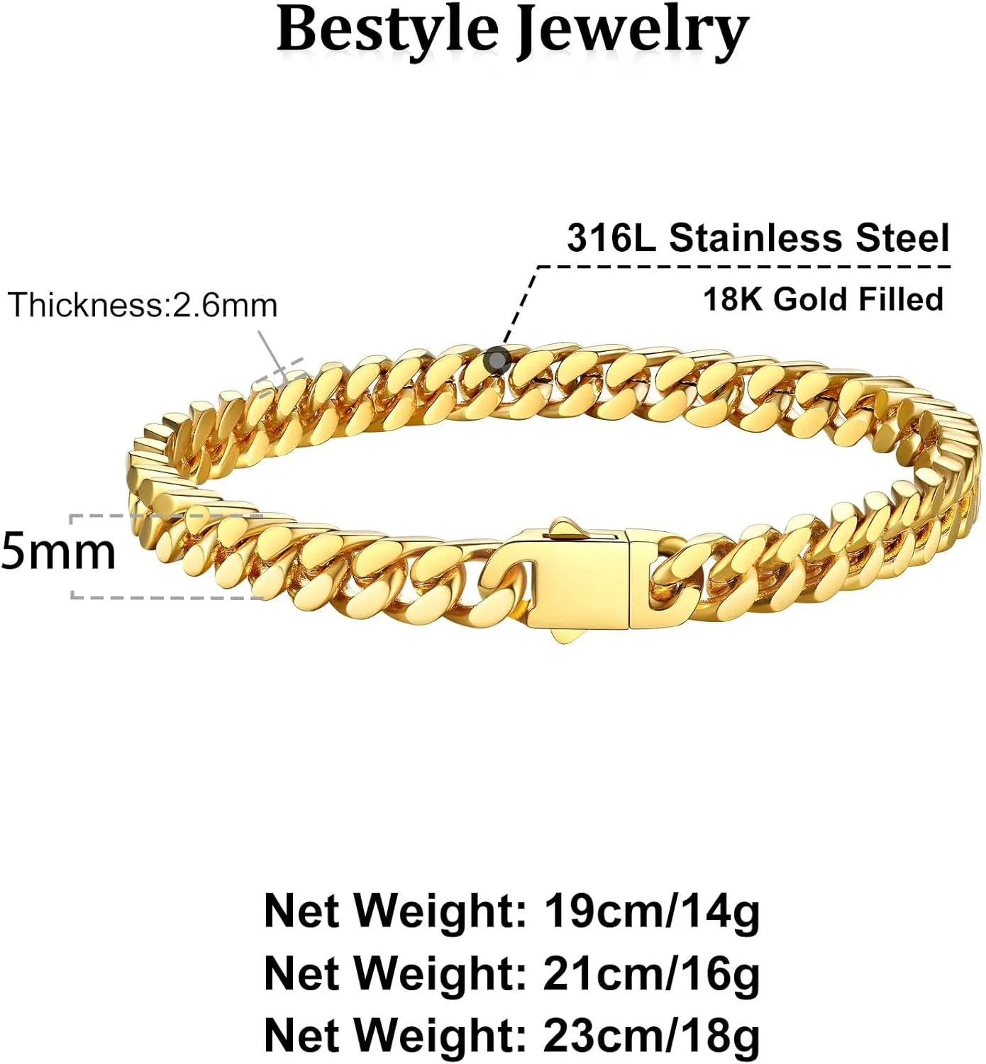 Bestyle Thick Mens Cuban Link Chain Bracelets, Durable Real 18K Gold/Black Metal Plated Solid Stainless Steel Hand Chain Cuban Bracelets for Men, Silver Black Gold Bracelets for Father Husband