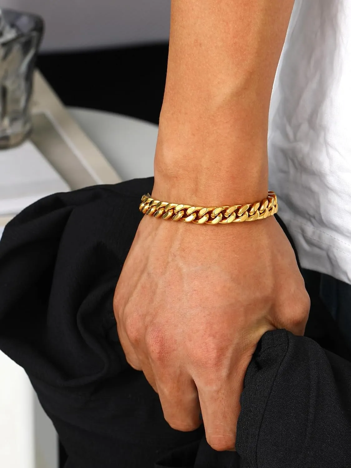 Bestyle Thick Mens Cuban Link Chain Bracelets, Durable Real 18K Gold/Black Metal Plated Solid Stainless Steel Hand Chain Cuban Bracelets for Men, Silver Black Gold Bracelets for Father Husband