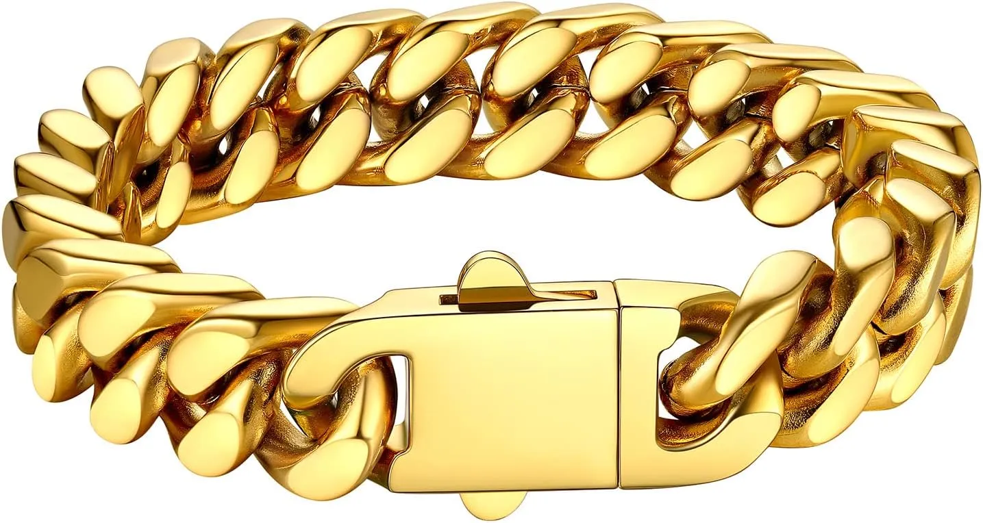 Bestyle Thick Mens Cuban Link Chain Bracelets, Durable Real 18K Gold/Black Metal Plated Solid Stainless Steel Hand Chain Cuban Bracelets for Men, Silver Black Gold Bracelets for Father Husband
