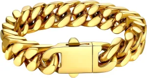Bestyle Thick Mens Cuban Link Chain Bracelets, Durable Real 18K Gold/Black Metal Plated Solid Stainless Steel Hand Chain Cuban Bracelets for Men, Silver Black Gold Bracelets for Father Husband