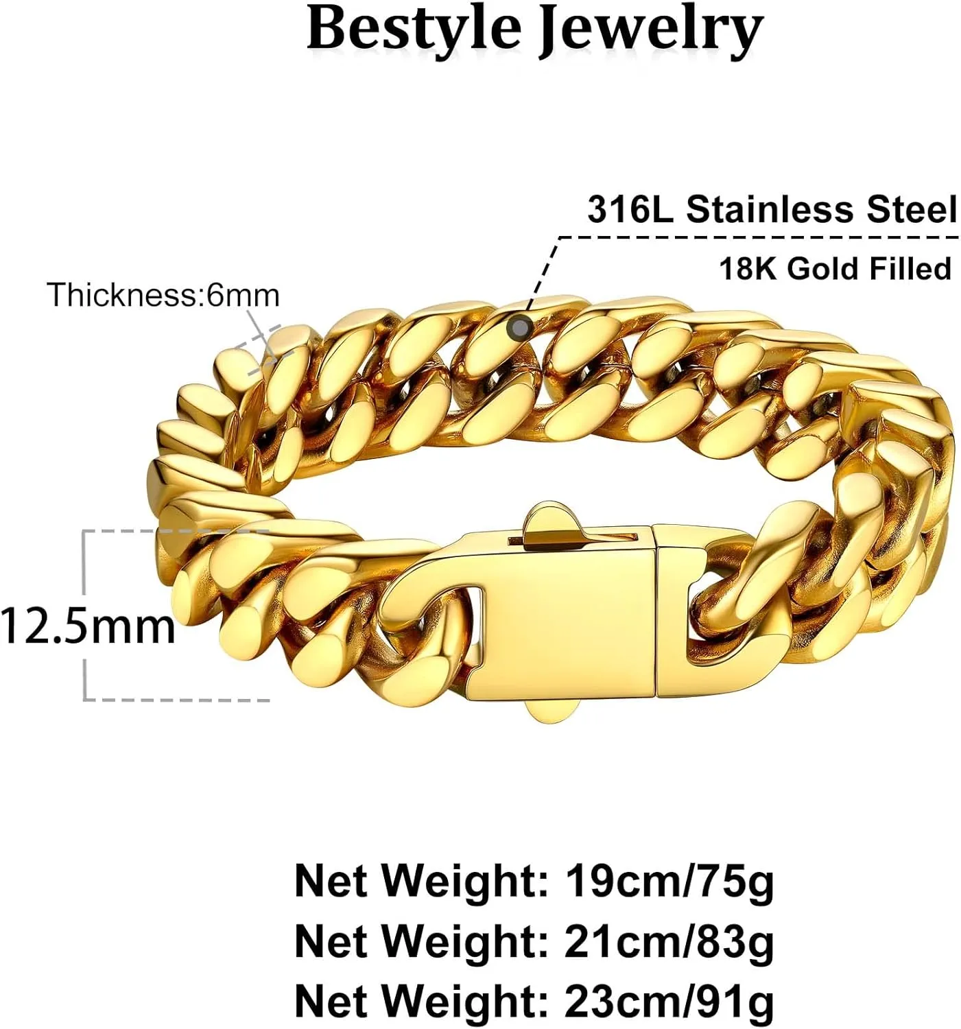 Bestyle Thick Mens Cuban Link Chain Bracelets, Durable Real 18K Gold/Black Metal Plated Solid Stainless Steel Hand Chain Cuban Bracelets for Men, Silver Black Gold Bracelets for Father Husband