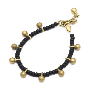 Boho Bracelet - Beaded Matt Black with Brass Dangle