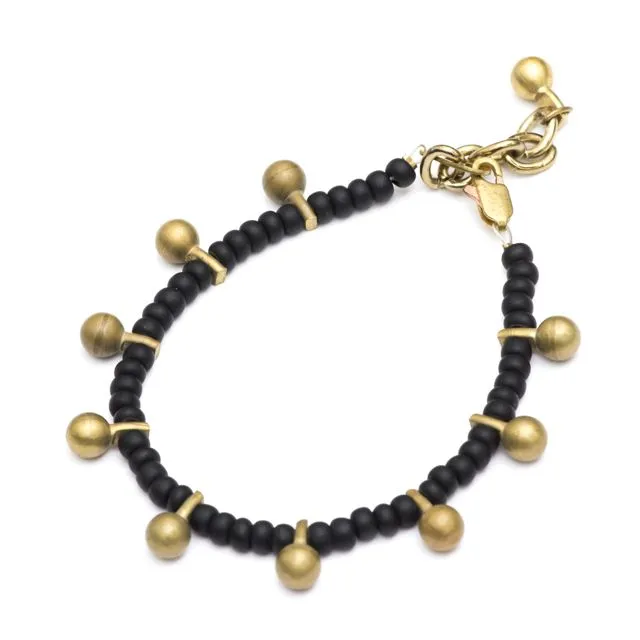 Boho Bracelet - Beaded Matt Black with Brass Dangle