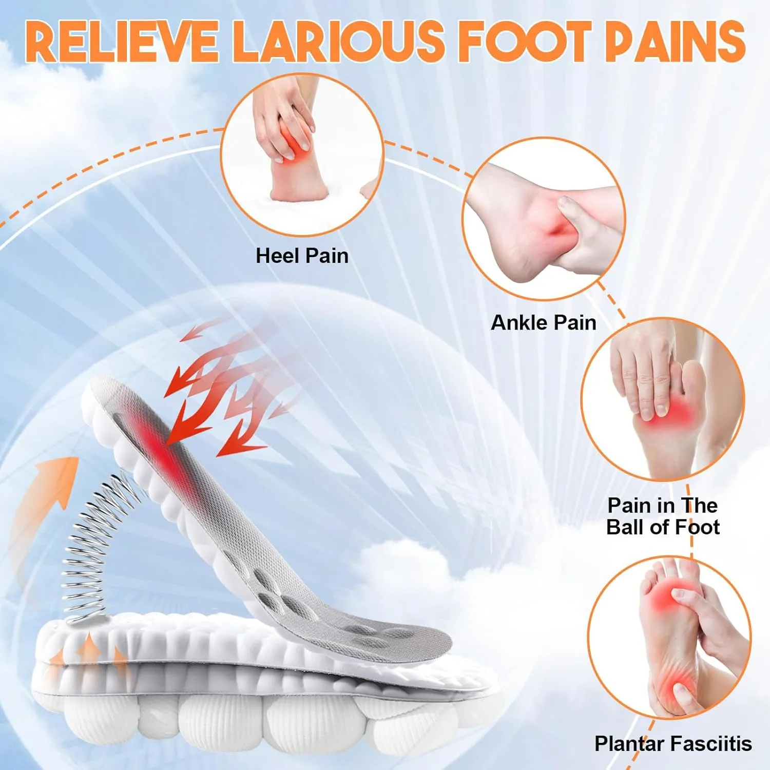 Cloud Insoles - 4D Orthopedic Insoles for Women & Men - Plantar Fasciitis, Sports Shoes, Anti Fatigue, Shock Absorption, Foot Pain Relief (Black, 4-8.5)