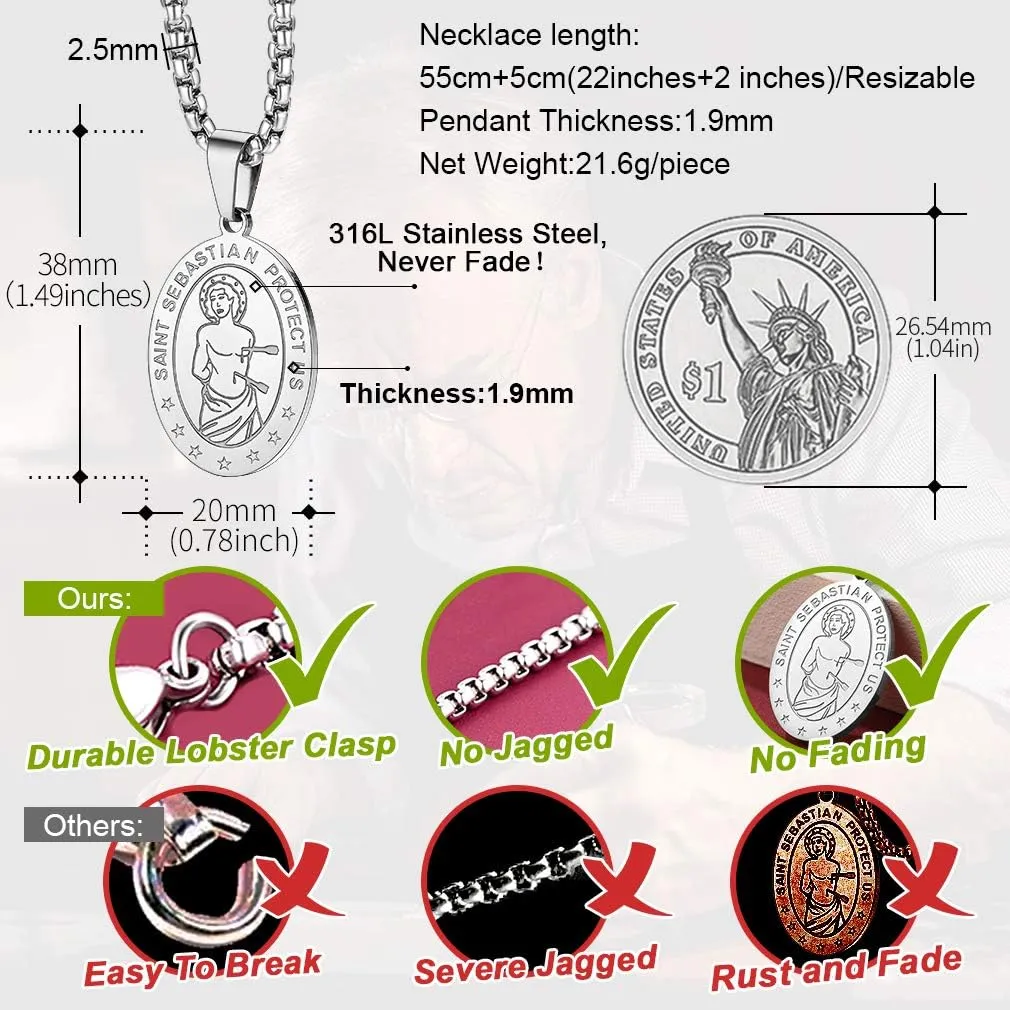 FaithHeart Saint Sebastian Necklace, Stainless Steel Patron Saint of Athletes, Christian Protective Medallion for Baseball Football Basketball Sports with 24 Inch Chain