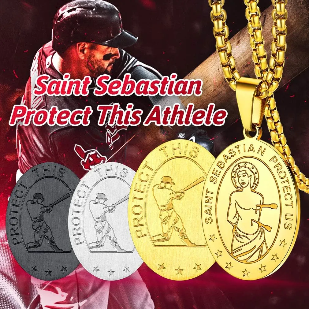 FaithHeart Saint Sebastian Necklace, Stainless Steel Patron Saint of Athletes, Christian Protective Medallion for Baseball Football Basketball Sports with 24 Inch Chain