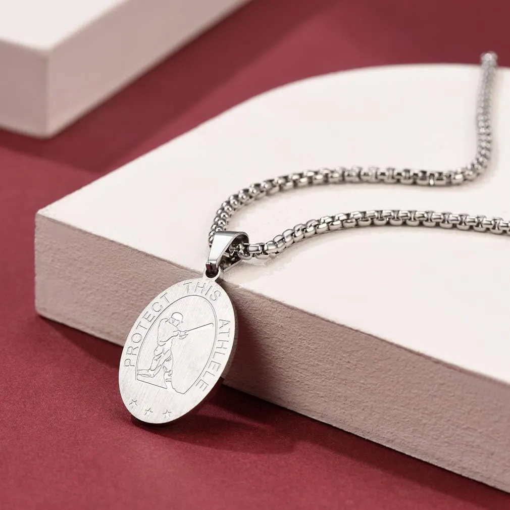 FaithHeart Saint Sebastian Necklace, Stainless Steel Patron Saint of Athletes, Christian Protective Medallion for Baseball Football Basketball Sports with 24 Inch Chain