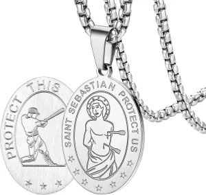 FaithHeart Saint Sebastian Necklace, Stainless Steel Patron Saint of Athletes, Christian Protective Medallion for Baseball Football Basketball Sports with 24 Inch Chain