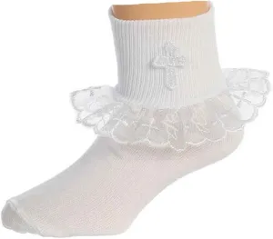 Girls White Baptism First Communion or Christening Socks with Cross and Ruffle