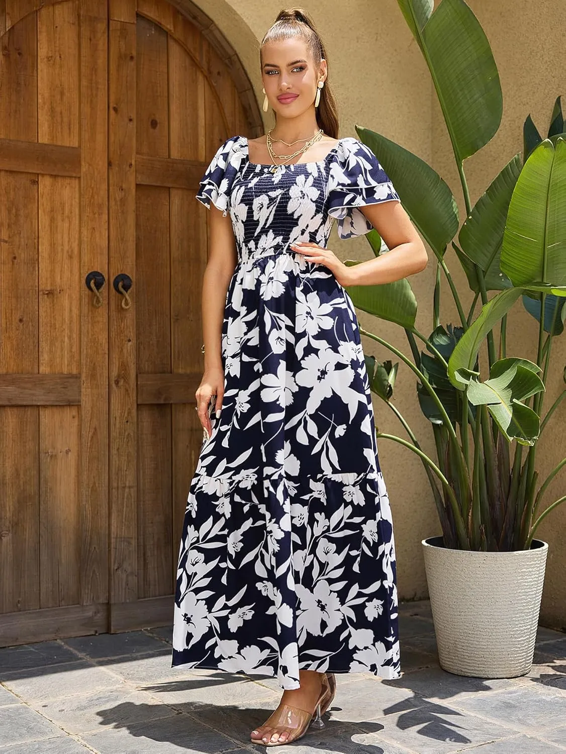 MakeMeChic Women's Floral Print Layered Short Sleeve Square Neck Ruffle High Waist A Line Summer Long Dress