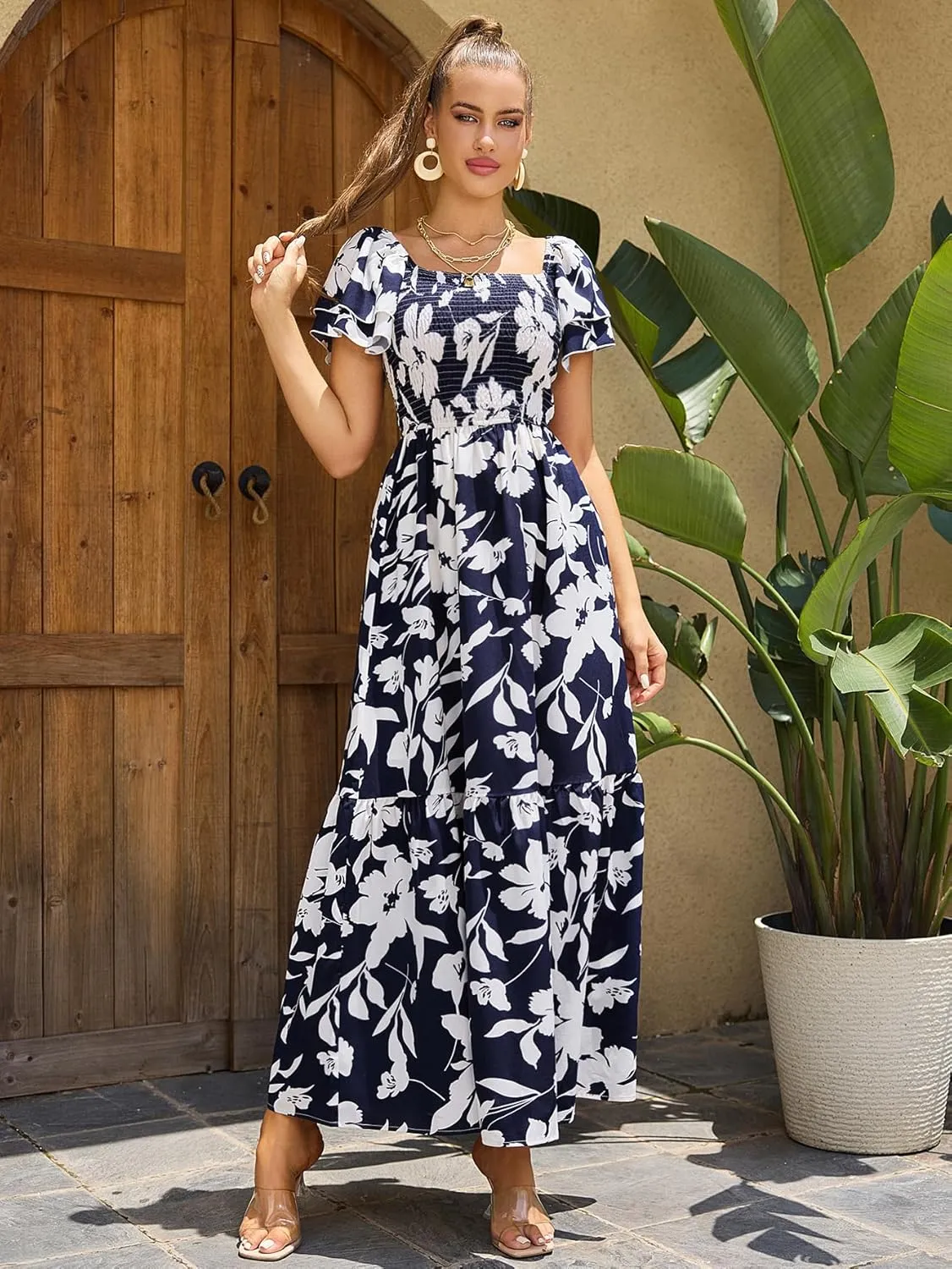 MakeMeChic Women's Floral Print Layered Short Sleeve Square Neck Ruffle High Waist A Line Summer Long Dress