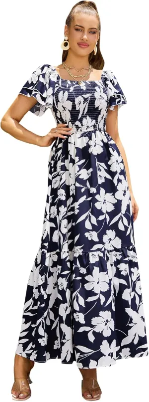 MakeMeChic Women's Floral Print Layered Short Sleeve Square Neck Ruffle High Waist A Line Summer Long Dress