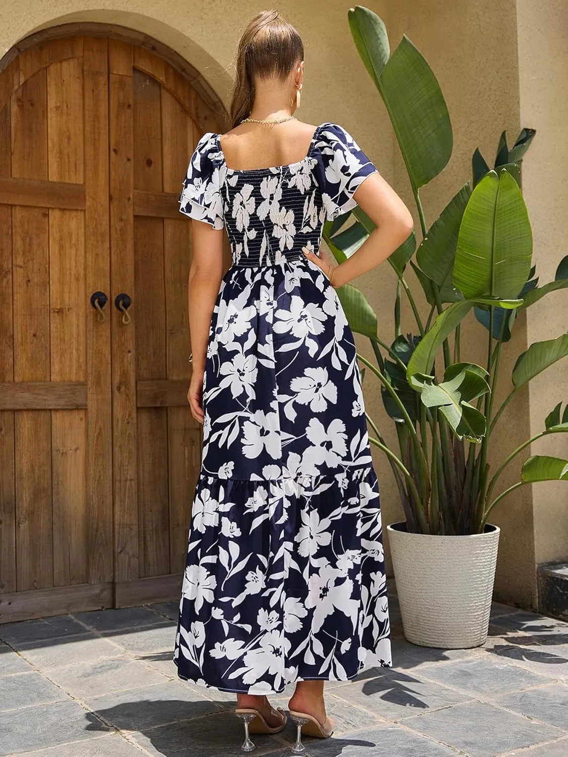 MakeMeChic Women's Floral Print Layered Short Sleeve Square Neck Ruffle High Waist A Line Summer Long Dress