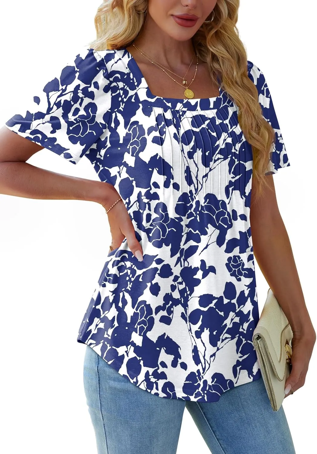 OFEEFAN T Shirts for Women Pleated Square Neck Dressy Casual Blouses Puff Short Sleeve Summer Tops Loose Fit