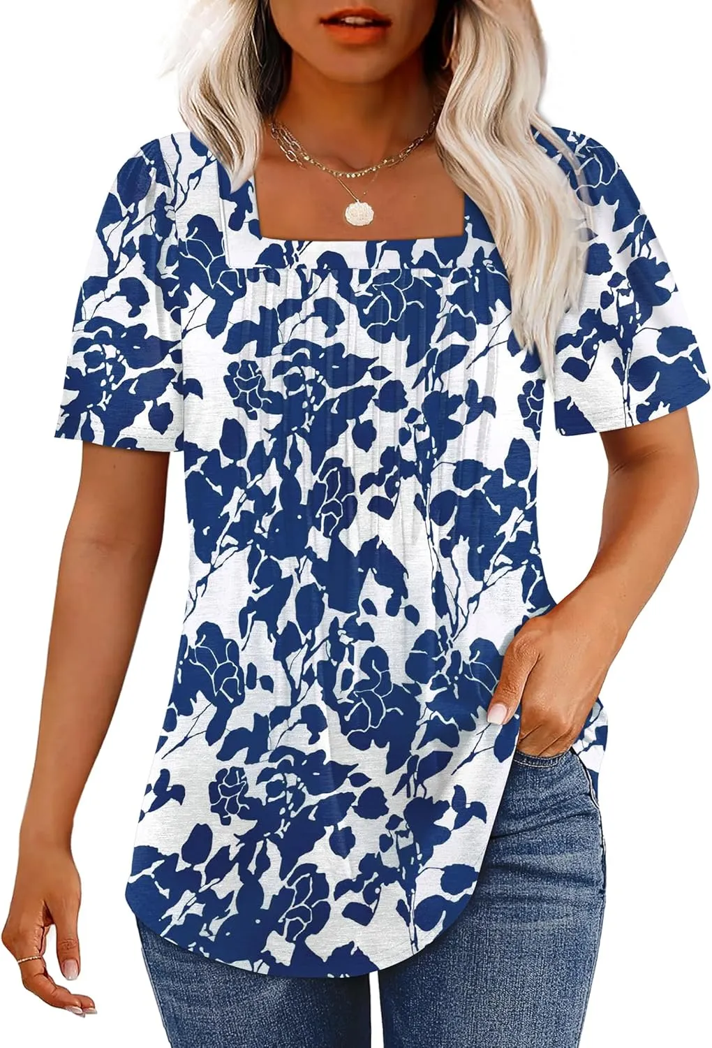 OFEEFAN T Shirts for Women Pleated Square Neck Dressy Casual Blouses Puff Short Sleeve Summer Tops Loose Fit