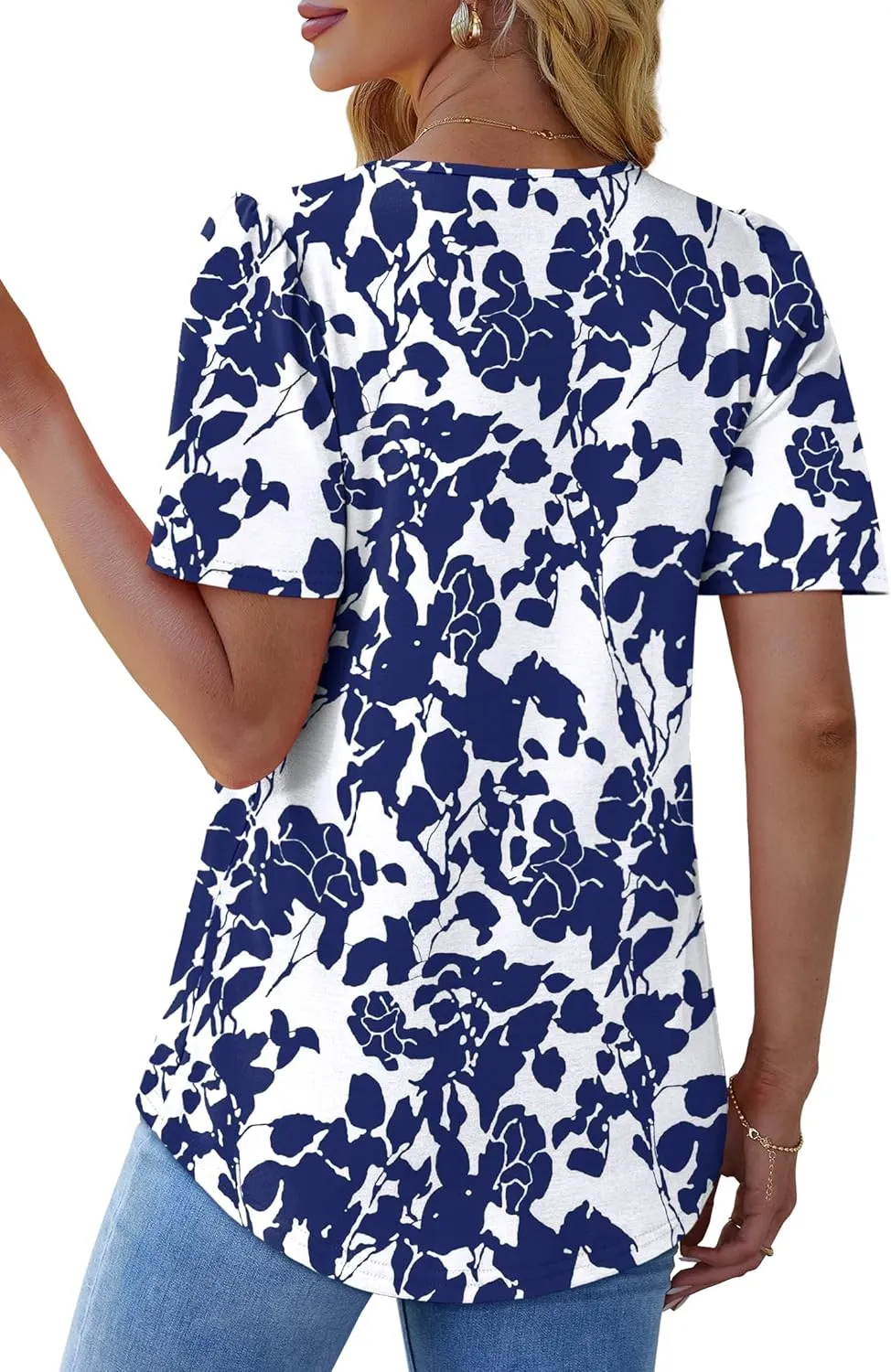 OFEEFAN T Shirts for Women Pleated Square Neck Dressy Casual Blouses Puff Short Sleeve Summer Tops Loose Fit