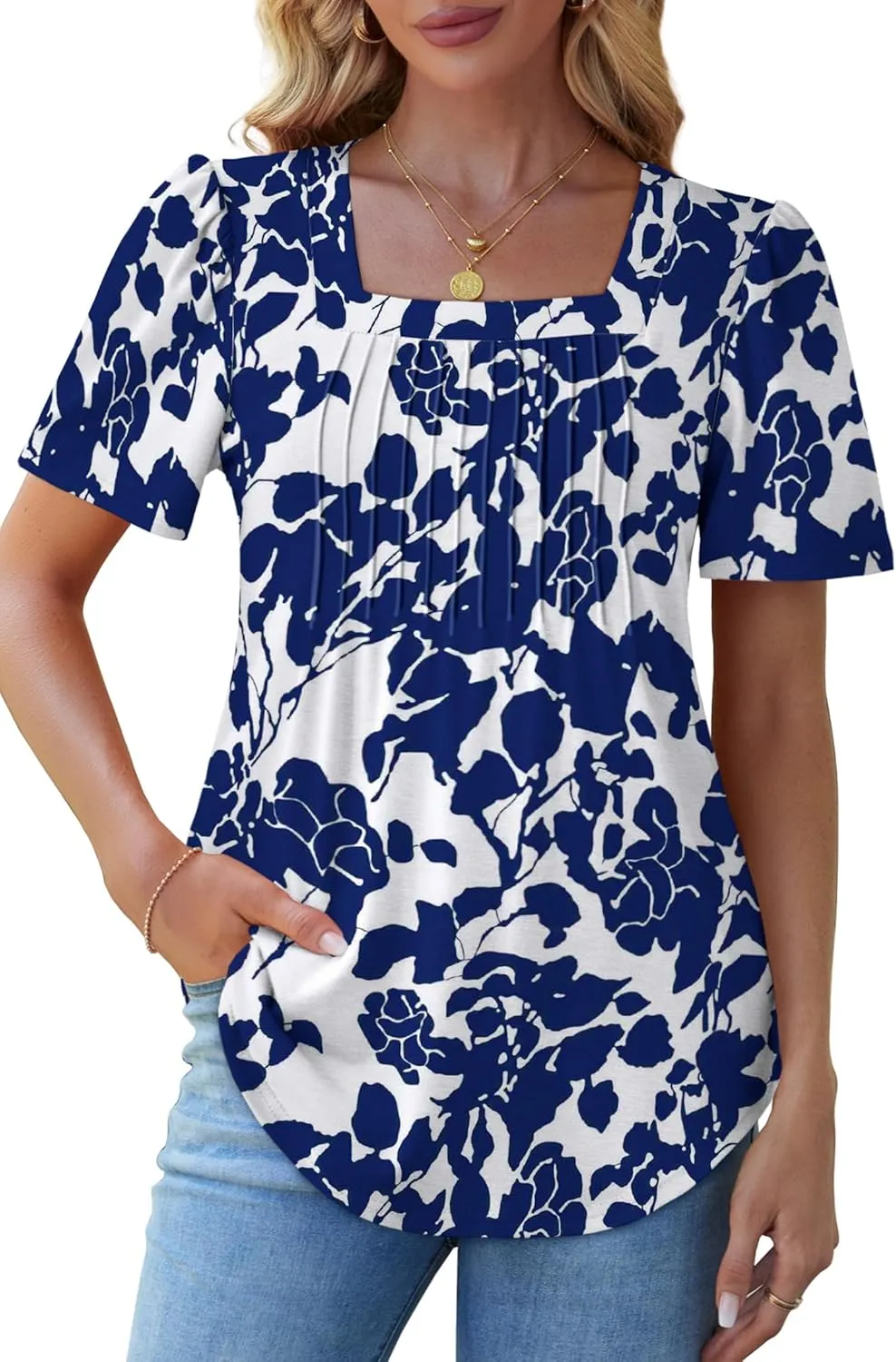 OFEEFAN T Shirts for Women Pleated Square Neck Dressy Casual Blouses Puff Short Sleeve Summer Tops Loose Fit