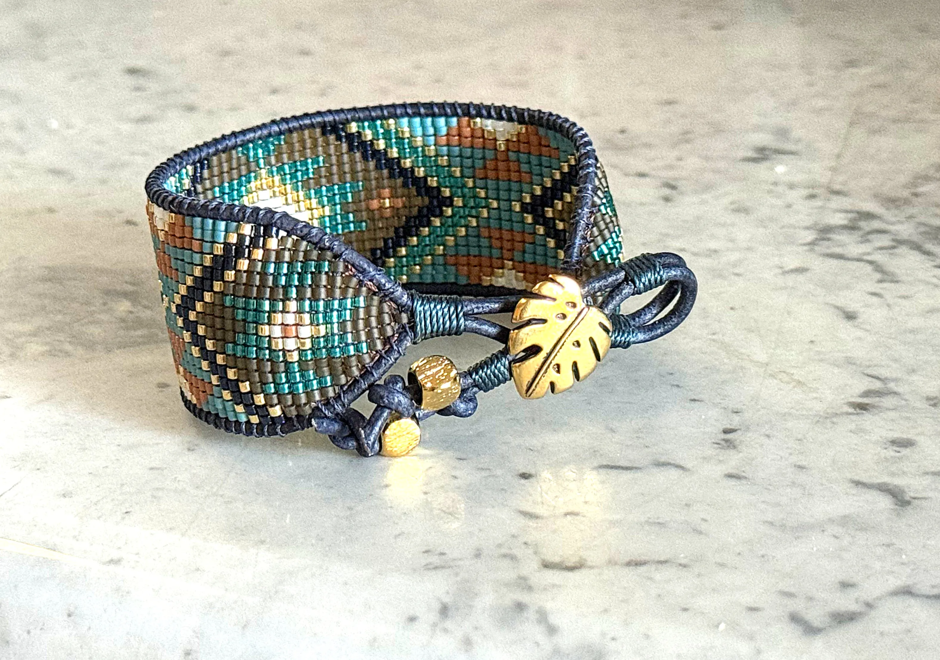 Teal, Brown, Mustard, and Gold Tribal Loom Cuff Bracelet
