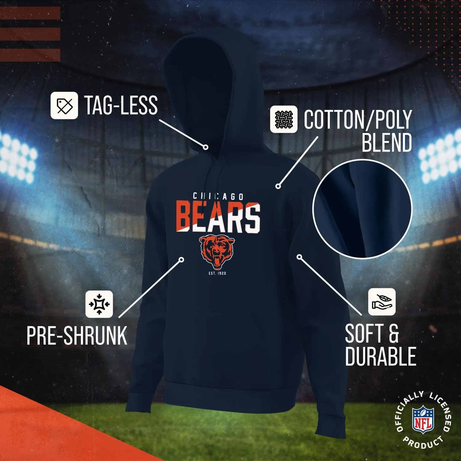 Team Fan Apparel Adult NFL Diagonal Fade Fleece Hooded Sweatshirt - Unisex Tagless - Officially Licensed Football Pullover