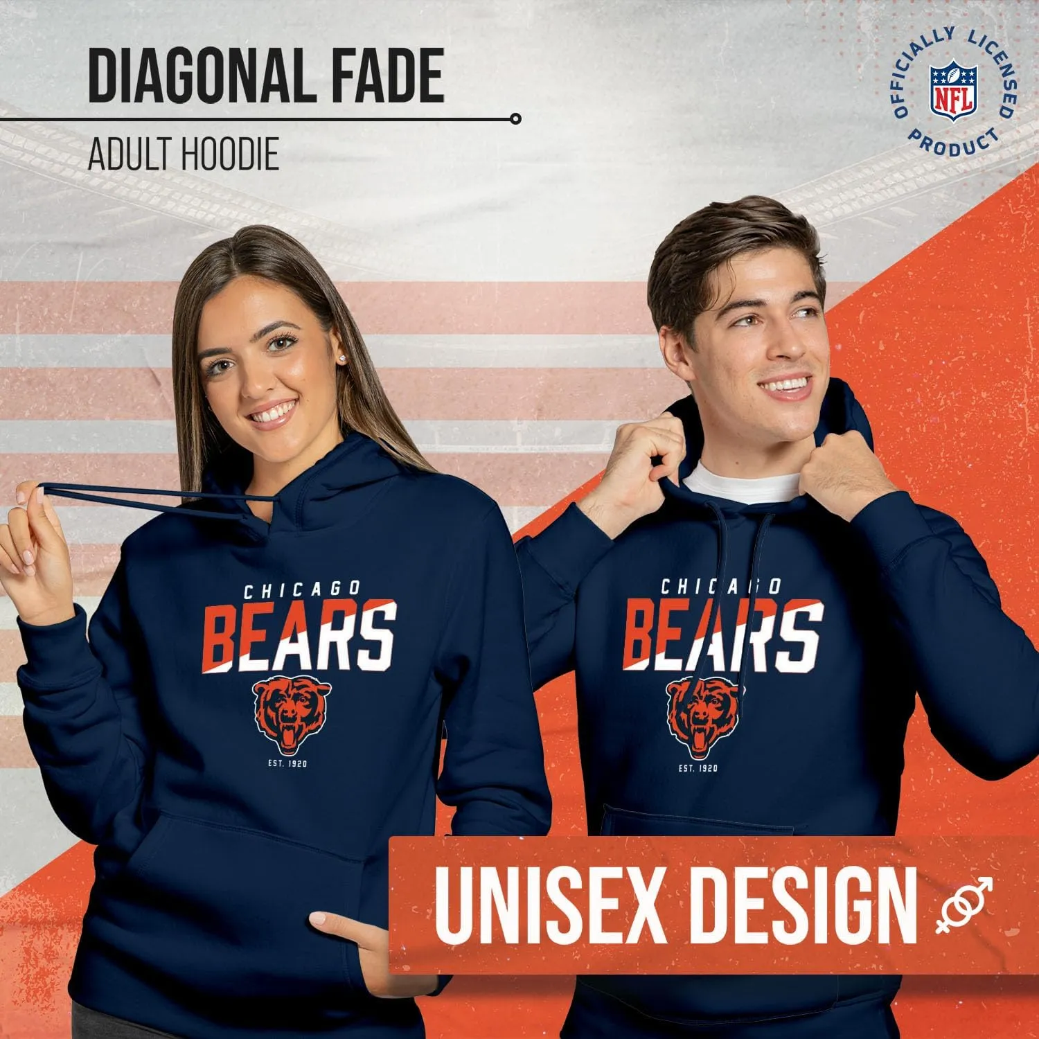 Team Fan Apparel Adult NFL Diagonal Fade Fleece Hooded Sweatshirt - Unisex Tagless - Officially Licensed Football Pullover