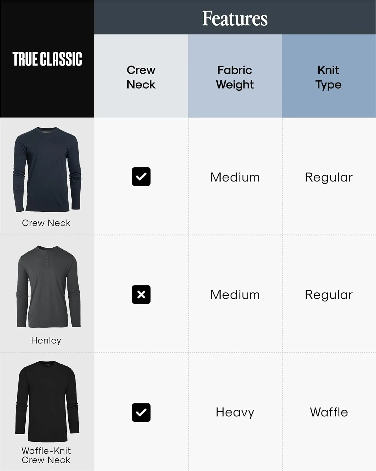 True Classic Long Sleeve Shirts for Men - Henley, Waffle & Crew Neck Long Sleeve T Shirt - Regular and Tall Thermal Shirts