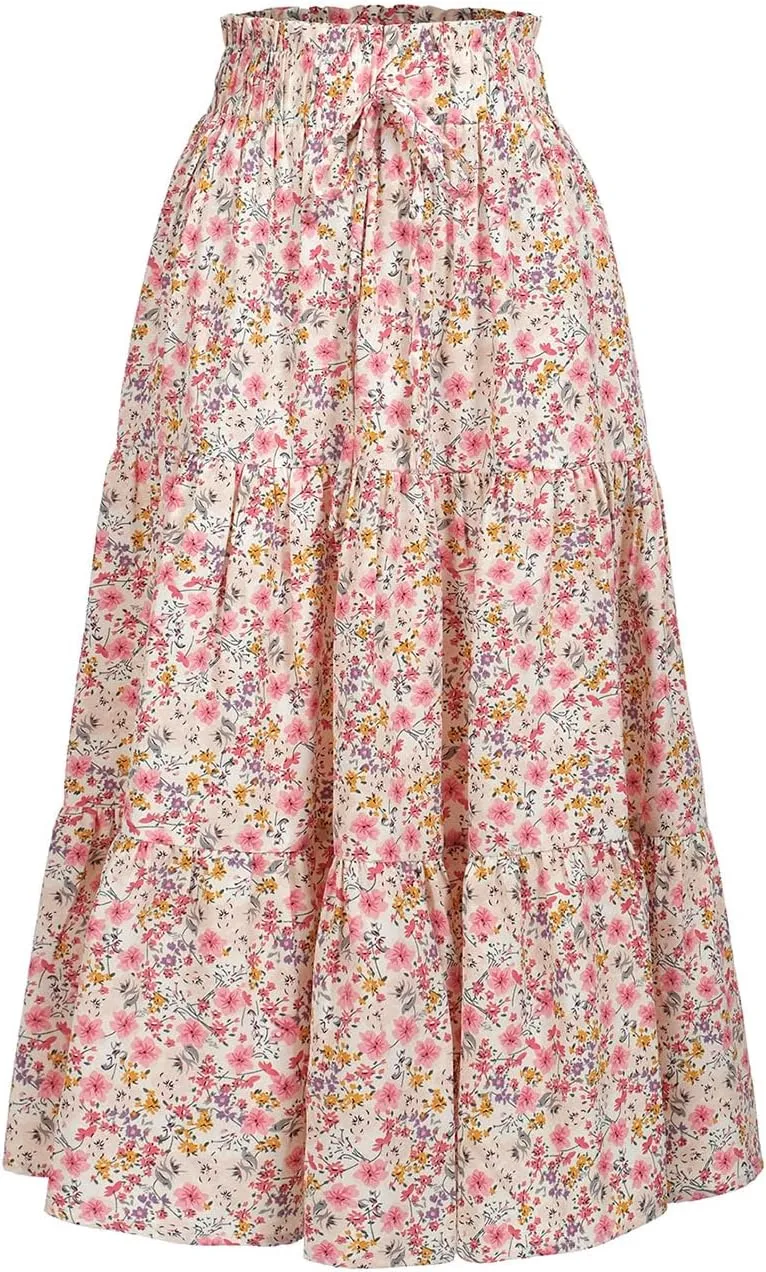 Women's High Elastic Waist Midi Skirt Casual Summer Trendy Tie Front Flowy Ruffle Floral Print A line Skirts 626