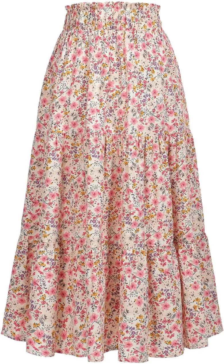 Women's High Elastic Waist Midi Skirt Casual Summer Trendy Tie Front Flowy Ruffle Floral Print A line Skirts 626