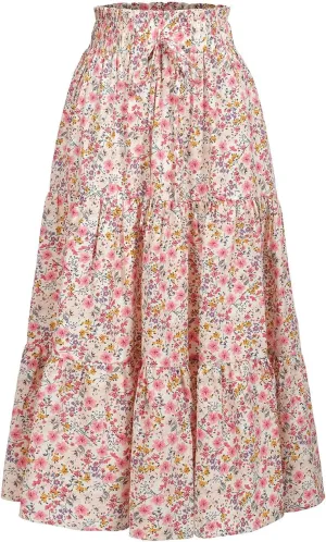 Women's High Elastic Waist Midi Skirt Casual Summer Trendy Tie Front Flowy Ruffle Floral Print A line Skirts 626