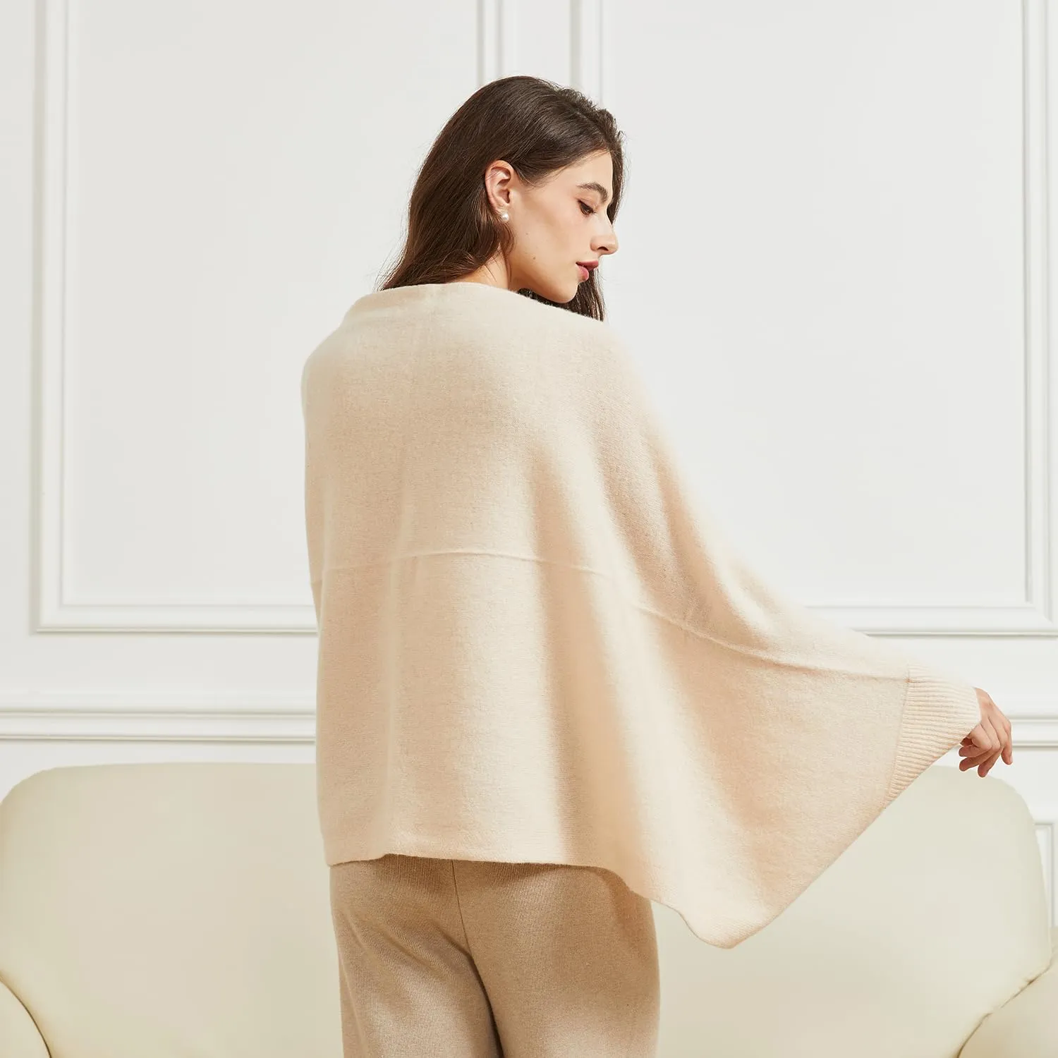 Women's Lightweight Wool Shawl Wrap Scarf with Sleeves Outer Warm Knitted Open Front Poncho Cape Fall Winter
