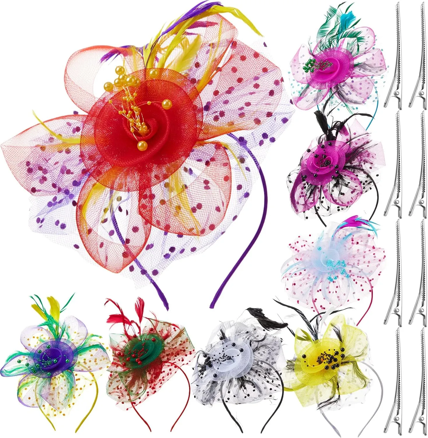 Yunsailing 8 Pcs Fascinators Hat Flower Mesh Tea Party Hat Fascinator Veil Headband for Women Party Wedding