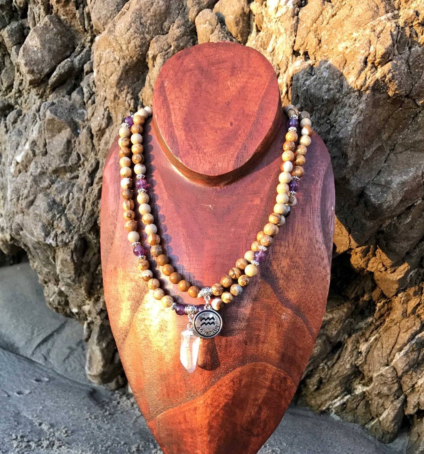 Zodiac: Aquarius | Picture Jasper & Amethyst Mala Beads